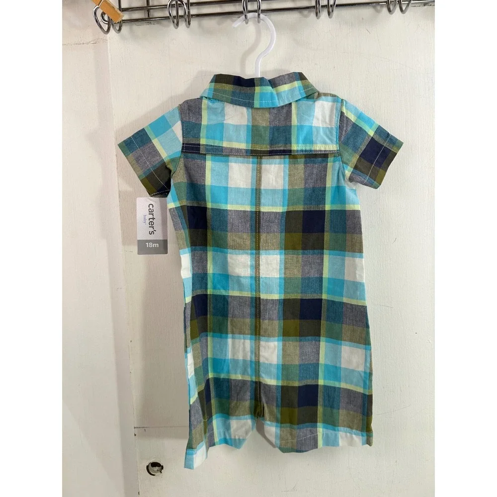 Carter's Plaid Romper 18M Blue Green Button Front Short Sleeve Baby Boy